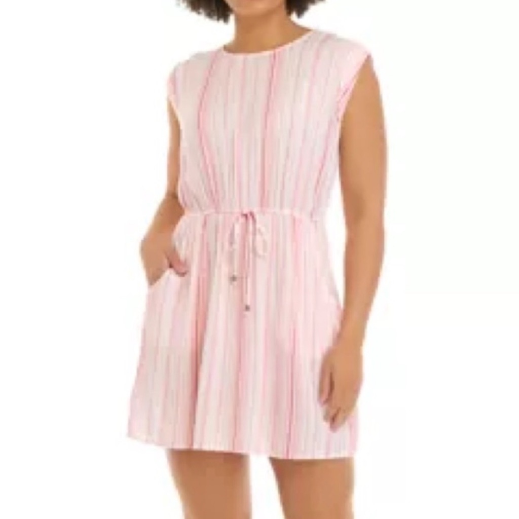 Bebop Pink L Juniors Tie Waist Swing Dress Pockets Roll Sleeve